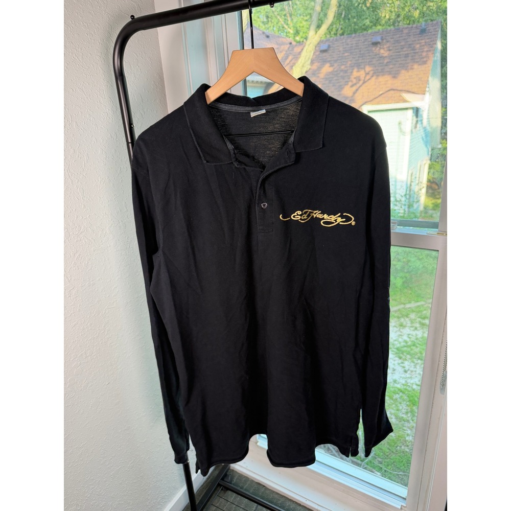 Ed‎ Hardy Christian Audigier Mens Black Long Sleeve Polo Shirt Skull Large